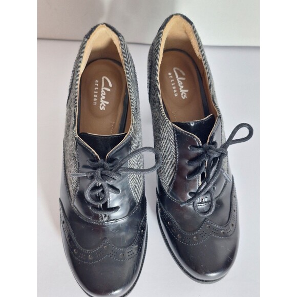 CLARKS Artisan Black/Gray Oxford Heels Womens Sz 6.5 Whimsigoth Victorian Witchy - Picture 4 of 11